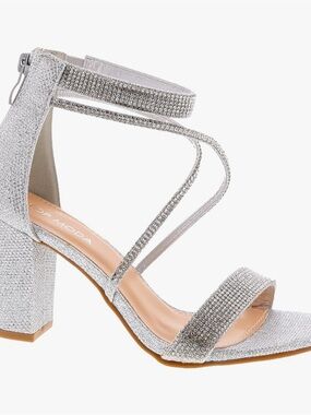TOP Moda Silver Glitter Block Heel Sandals with Rhinestone Straps
